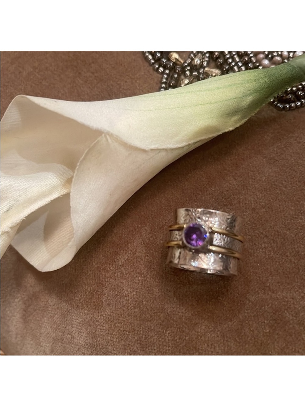 Textured Sterling Silver Wide Band Ring with an Amethyst